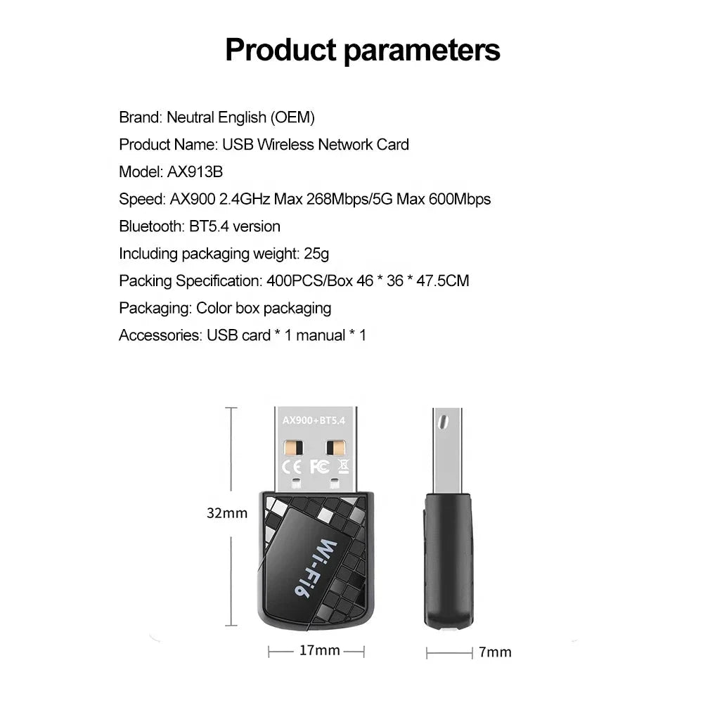 AX900 Bluetooth 5.4 USB WIFI 900Mbps adaptateur USB sans fil double bande 2.4G 5G WiFi 6 récepteur de carte réseau d'ordinateur Shenzhen Higi Technology Co., Limited