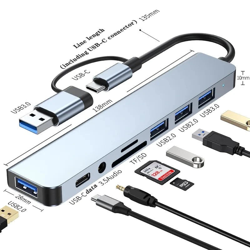 Concentrateurs USB 8 en 1 Station d'accueil multiport Prise en charge de la lecture TF/PD USB 3.5mm Audio Type C Multi-Port Prend en charge le concentrateur USB d'ordinateur à canal TYPE-C Shenzhen Yongshuo Technology Co., Ltd.