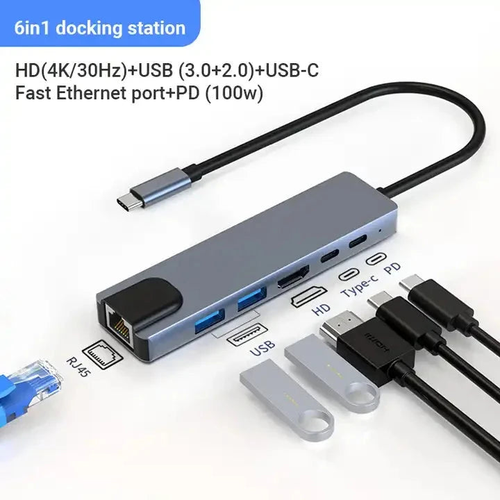 Adaptateur réseau Ethernet RJ45 6 ports Type C PD USB 3.0 Multiport USB C Hub Station d'accueil pour ordinateur portable avec fonction de charge Shenzhen Oufei'er Technology Co.,ltd