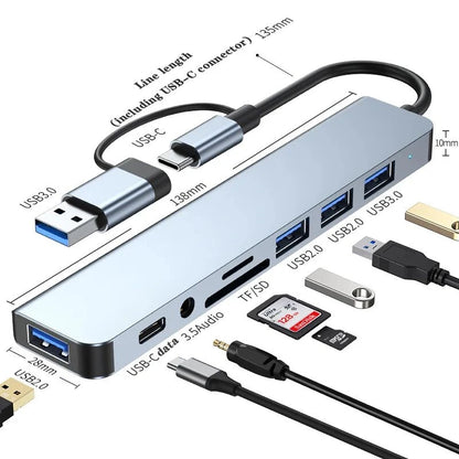 Concentrateurs USB 8 en 1 Station d'accueil multiport Prise en charge de la lecture TF/PD USB 3.5mm Audio Type C Multi-Port Prend en charge le concentrateur USB d'ordinateur à canal TYPE-C Shenzhen Yongshuo Technology Co., Ltd.
